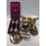 A collection of Continental silver items together with some silver plate and brass