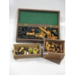 A Staunton boxwood and ebony chess set, King 4" high in a wooden box, a Tiplex red and clear perspex
