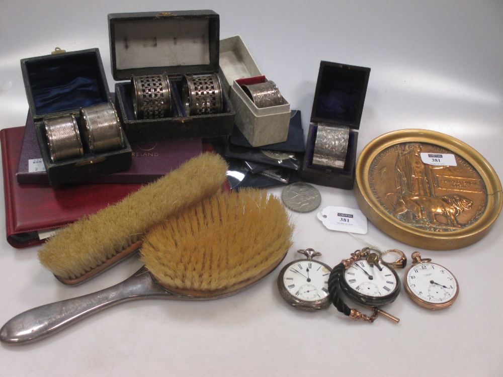 A 9ct gold pocket watch together with two silver pocket watches, a 9ct garnet set gents ring,