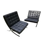 After Ludwig Mies Van Der Rohe, a pair of Barcelona type chairs, the chromed frames with black