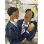 Modern British School, Two Schoolboys, watercolour, signed indistinctly lower right "Joan D...",