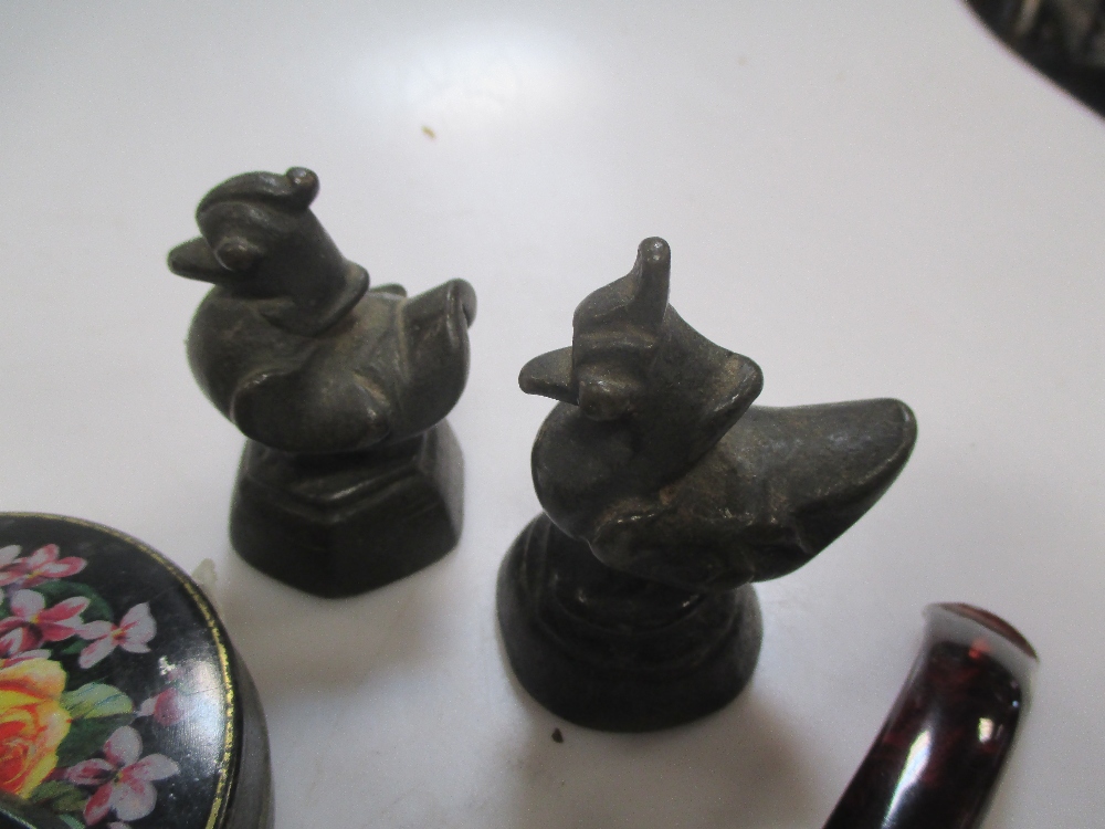Two Burmese opium duck weights, a pocket watch, a pair of white metal and ivory cosmetic trays and - Image 3 of 5