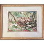 Reg William Gammon (1894-1997), Woodland Bridge, watercolour, inscribed on the reverse, 25 x 36 cm