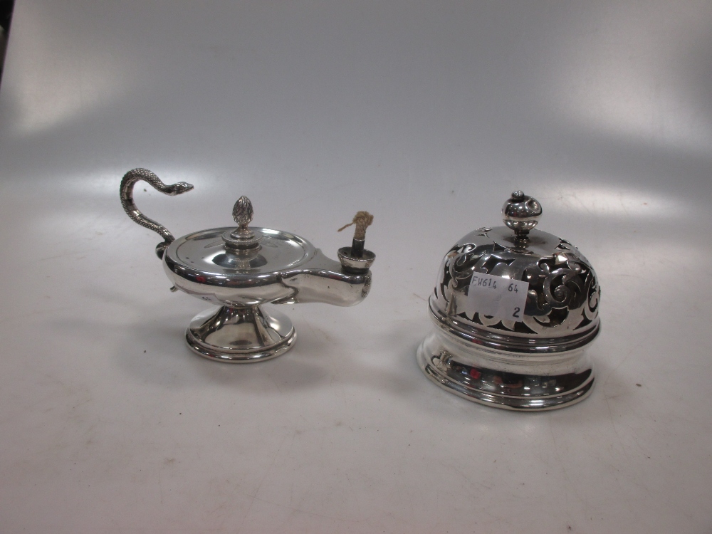 A silver 'Alladin's lamp' style cigar lighter together with a silver mounted desk bell (2)