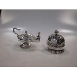 A silver 'Alladin's lamp' style cigar lighter together with a silver mounted desk bell (2)