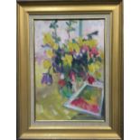 John Denahy, NEAC (b. 1922), Spring Flowers and Auerbach catalogue, oil on canvas, signed lower