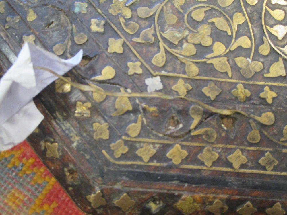 Three early 20th century Indian brass inlaid octagonal occasional tables on folding stands, - Image 2 of 4