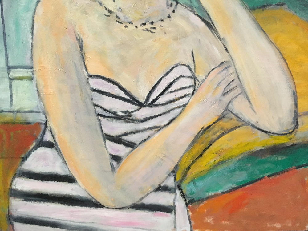 Roy Spencer (1918-2006), The Striped Dress, oil on board, signed and dated '96, 74 x 69 cm - Image 4 of 6