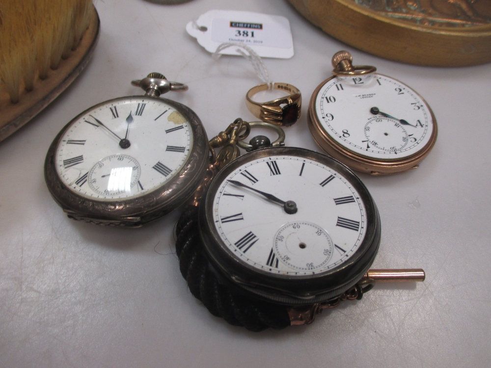 A 9ct gold pocket watch together with two silver pocket watches, a 9ct garnet set gents ring, - Image 2 of 2