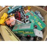 Box of playworn Dinky and other model cars etc