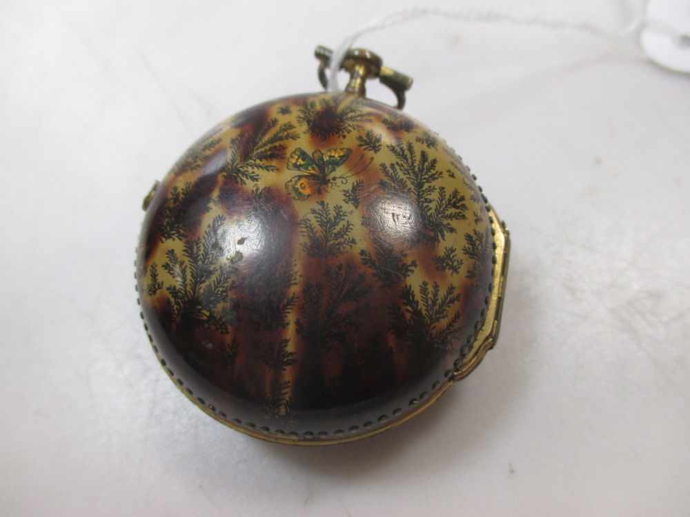 An early 19th century pair cased watch, outer case decorated with a butterfly among foliage, - Image 2 of 7