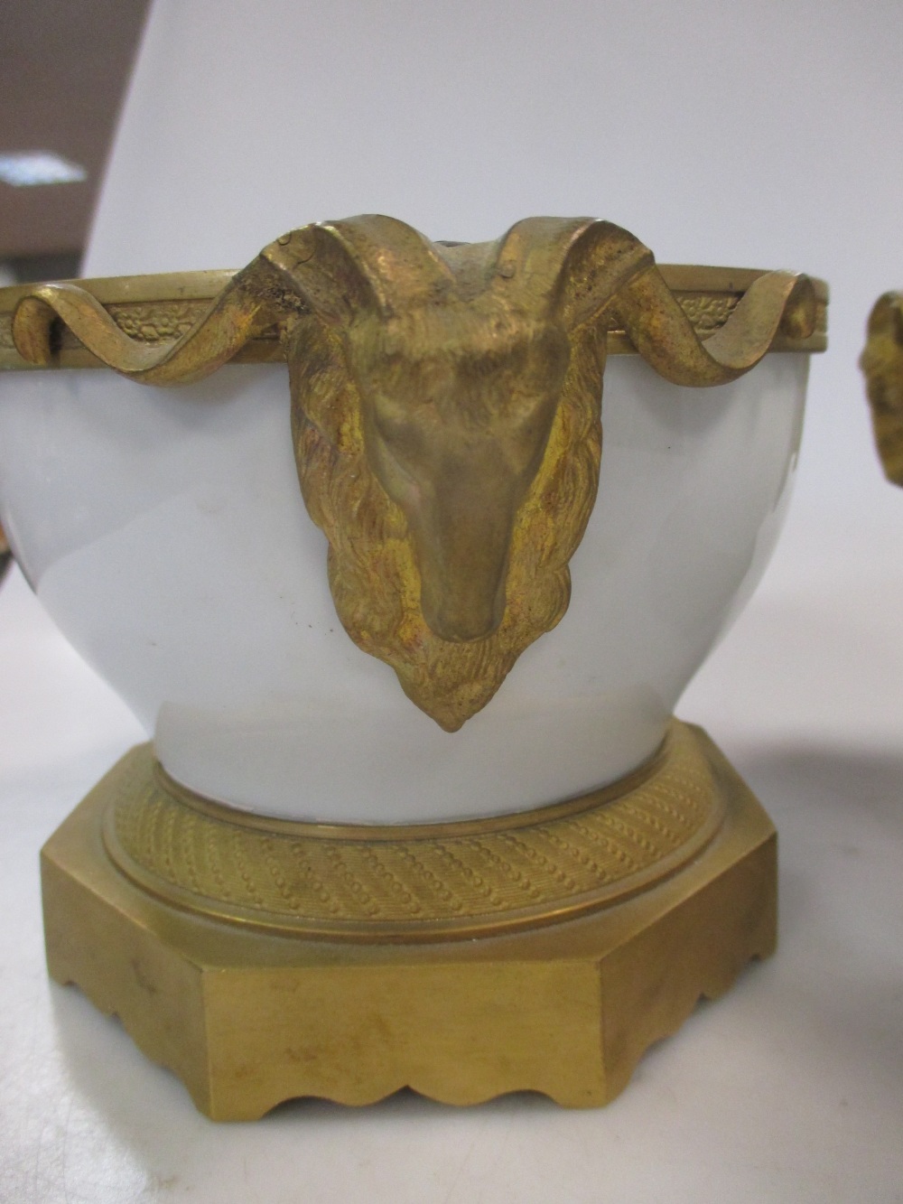 A pair of modern Czechoslavakian white porcelain and ormolu mounted vases with Rams Head handles, - Image 3 of 5