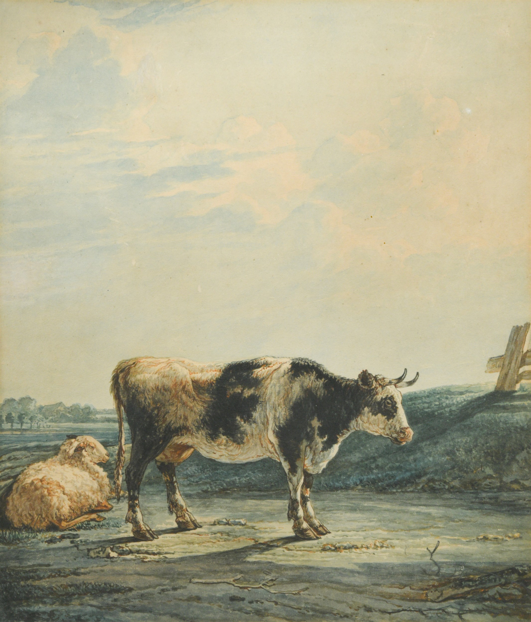 English School, 18th Century Study of a cow with a sheep in a landscape