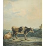 English School, 18th Century Study of a cow with a sheep in a landscape