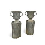 A pair of two handled lead garden urns,