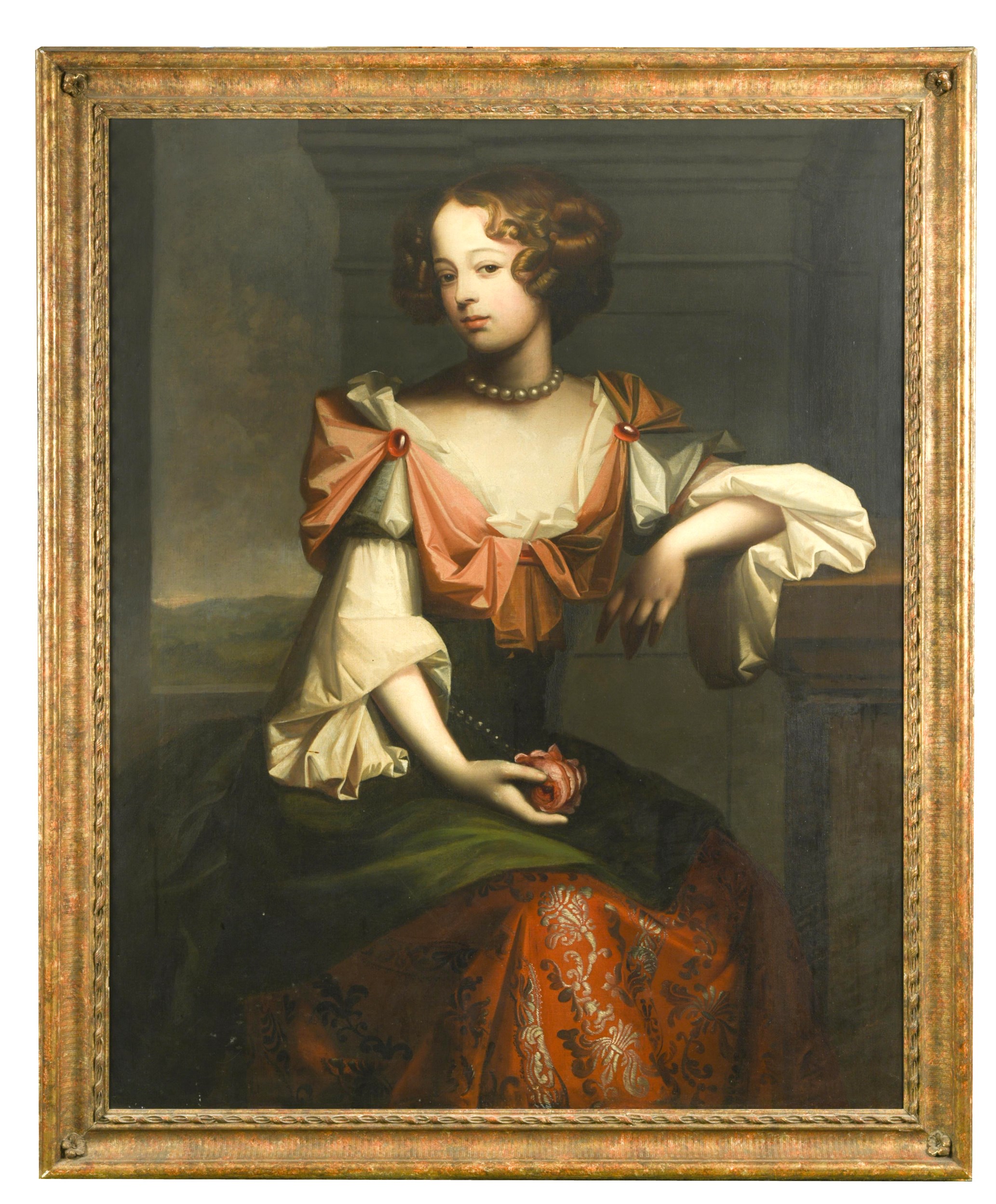 Follower of Simon Verelst Portrait of a lady, seated three quarter length, wearing a green bodice,