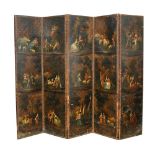 A large leather five fold painted screen, mid 18th century,