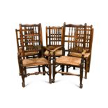 A harlequin set of eight 18th century Lancashire ash spindleback dining chairs,