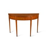 A Sheraton revival satinwood and marquetry inlaid demi-lune side table,