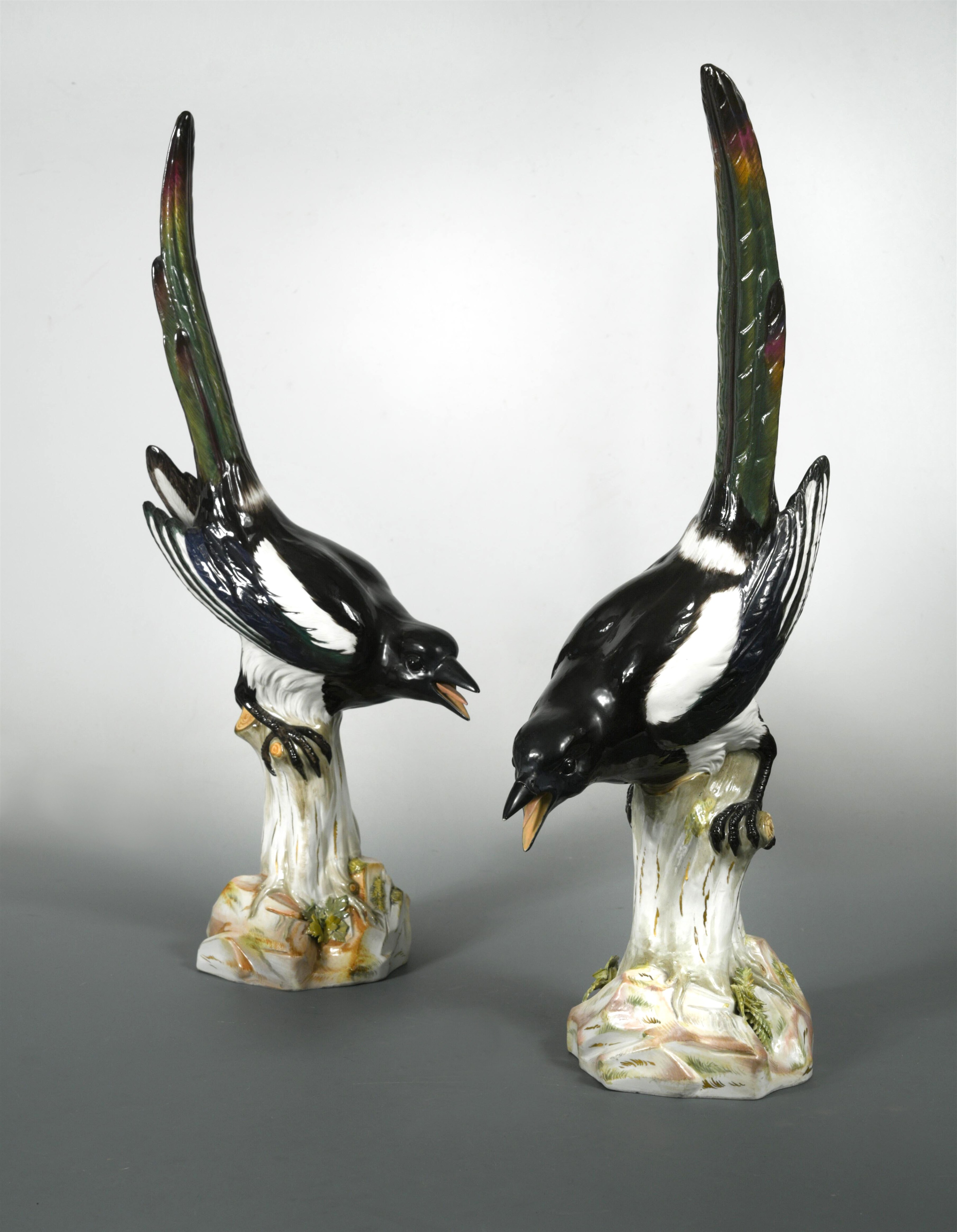 A large pair of Meissen models of Magpies