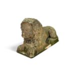 An 18th century sandstone garden figure of a recumbent lion,