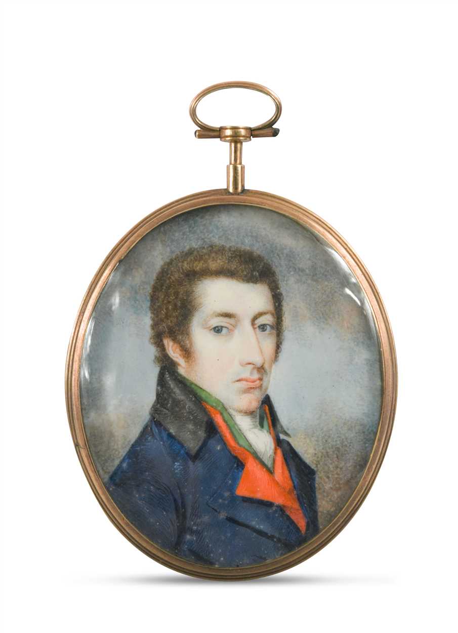 Attributed to John Smart (1741-1811) Portrait miniature of a gentleman wearing a blue coat , red