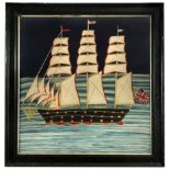 An early 20th century woolwork picture of a ship,