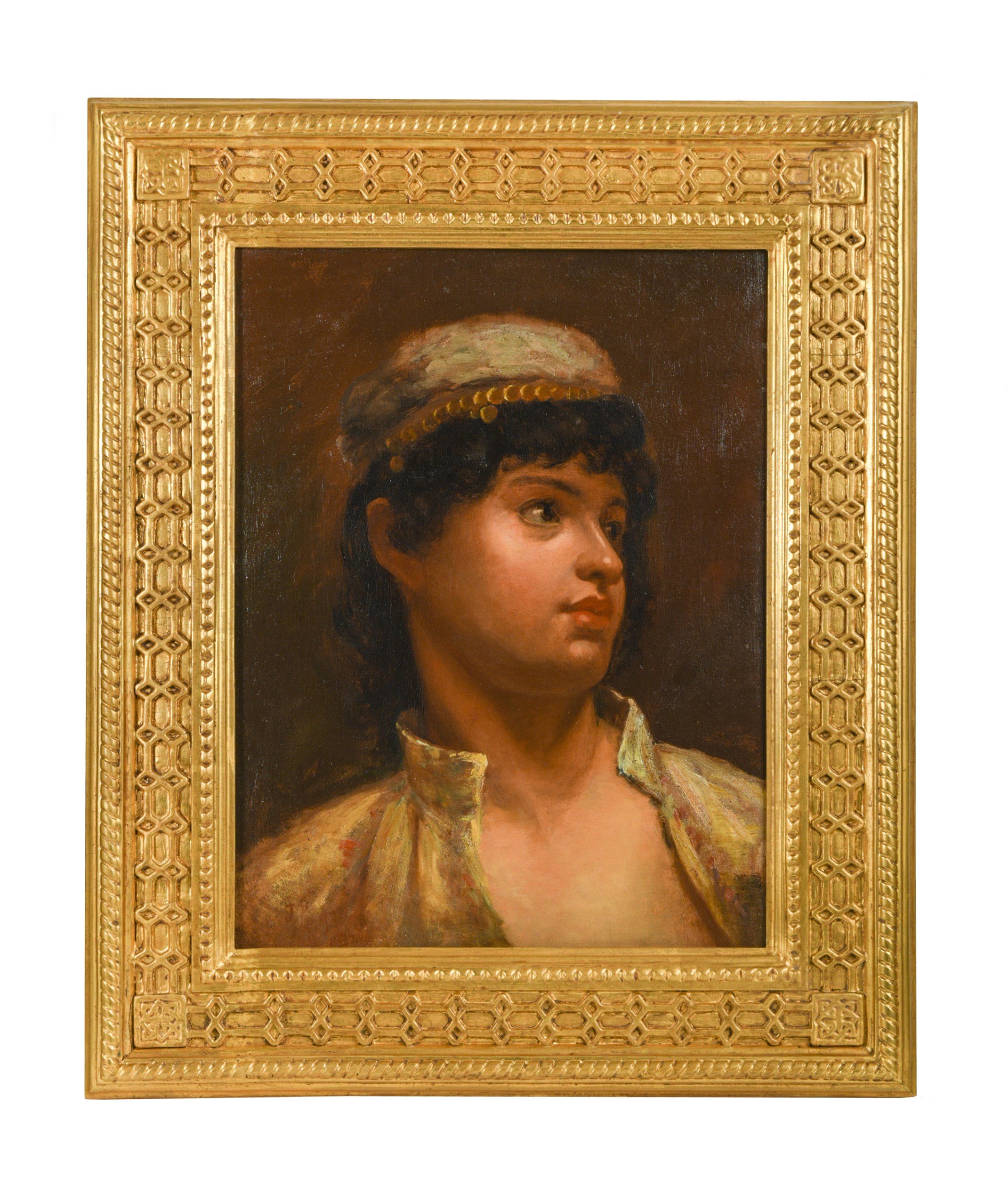 English School, 19th Century Portrait of a Parsee boy, wearing a hat and turning his head slightly