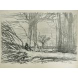 Harry Becker (British, 1865-1928) Fallen tree and woodman, signed within the print "Harry Becker