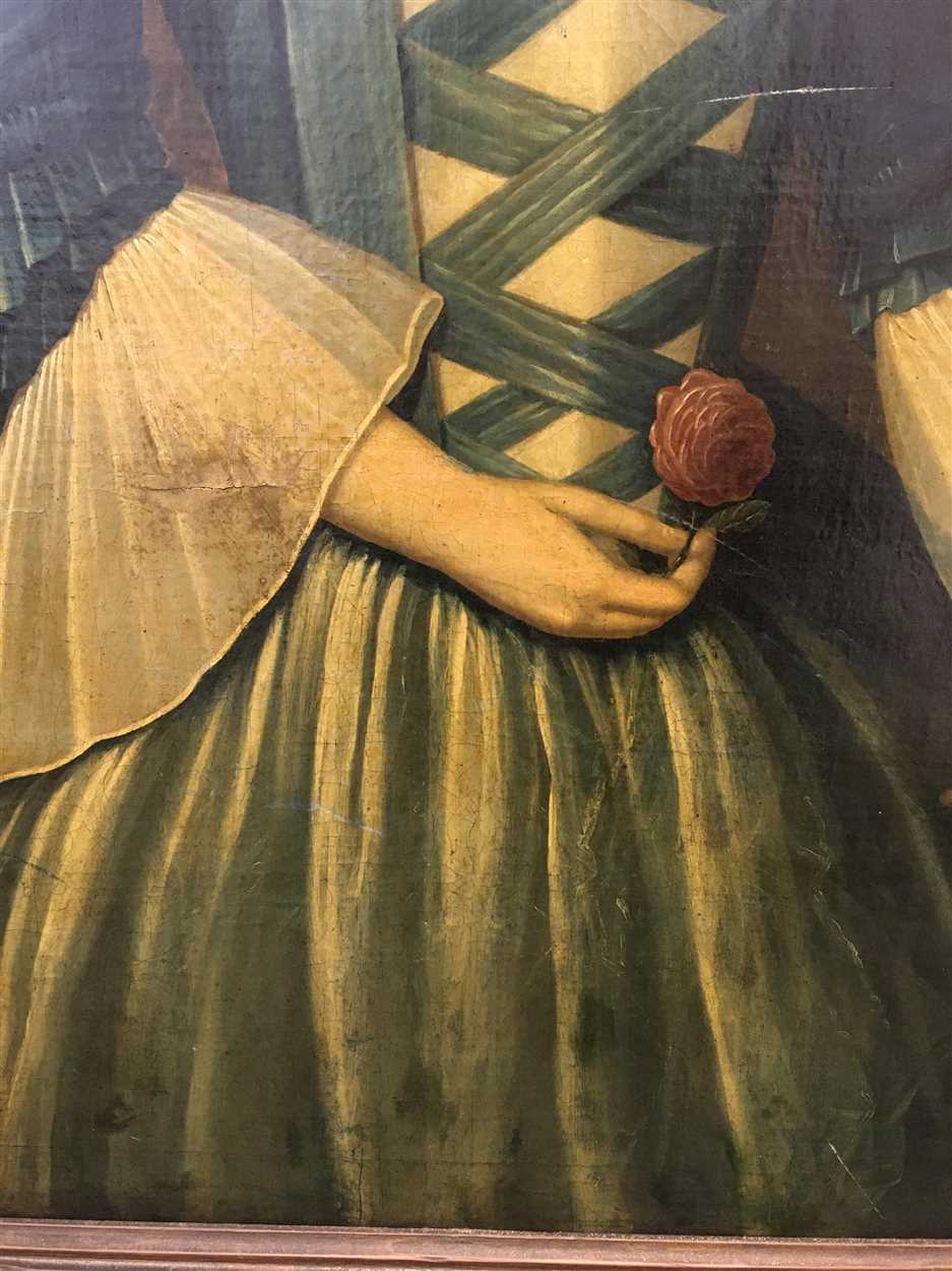 Irish School, 18th Century Portrait of Miss Skerrett, later Mrs Athy of Galway, holding a rose with - Image 3 of 13