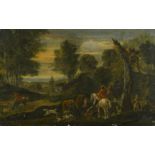 Anglo-Dutch School, circa 1700 A hunting party with a falconer on a grey horse and hounds in a