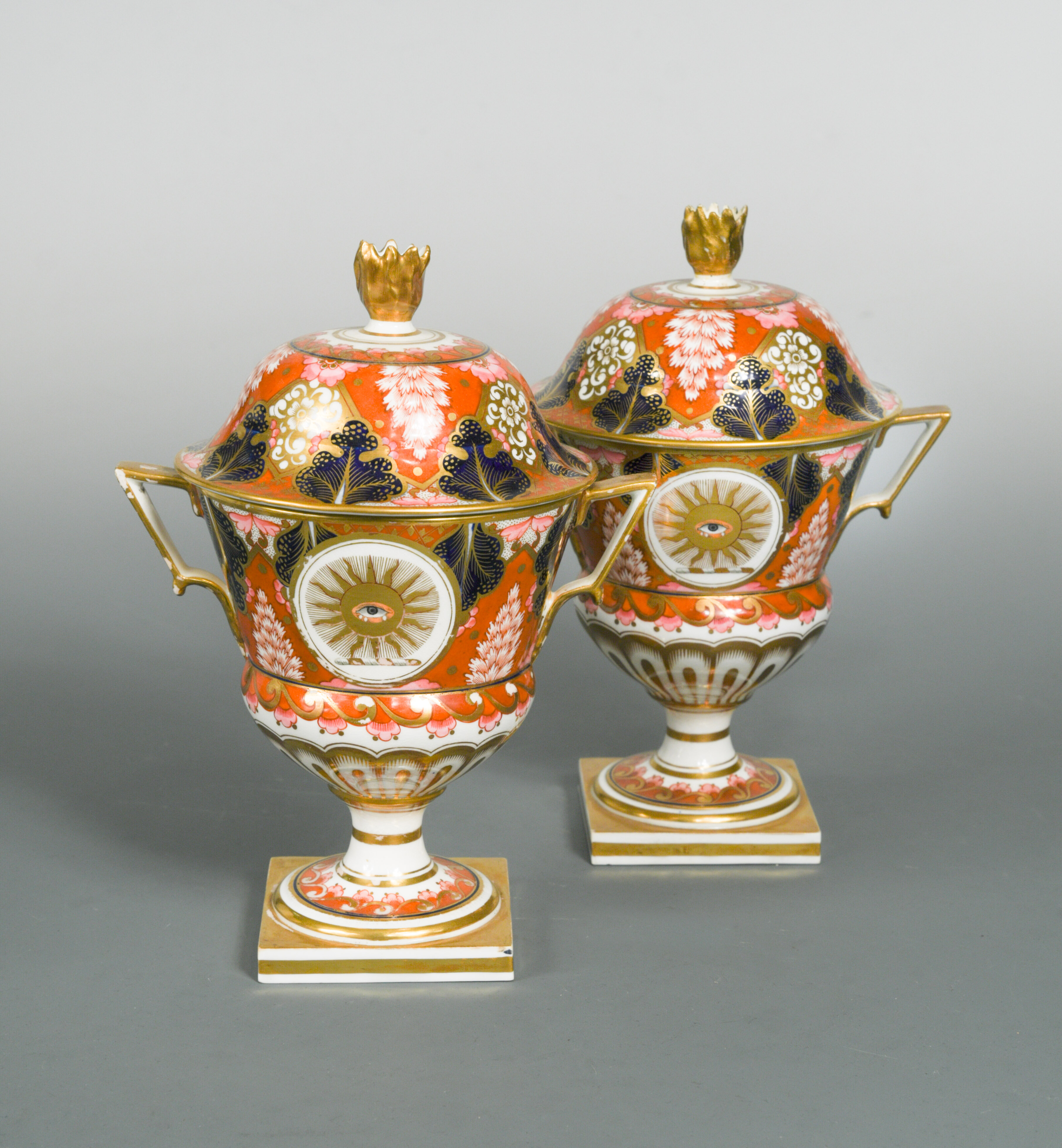 A pair of English porcelain two handled Masonic tureens and covers, probably Flight & Barr,