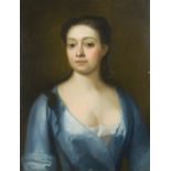 English School, 18th Century Portrait of a lady, seated, in a blue dress with cream fichu, and her
