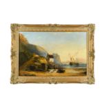 English School, 19th Century A Coastal landscape with a ship aground and fishermen drying their