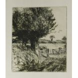 Harry Becker (British, 1865-1928) Meadow, field gate and tree; Sheep; Study of trees; Far landscape;