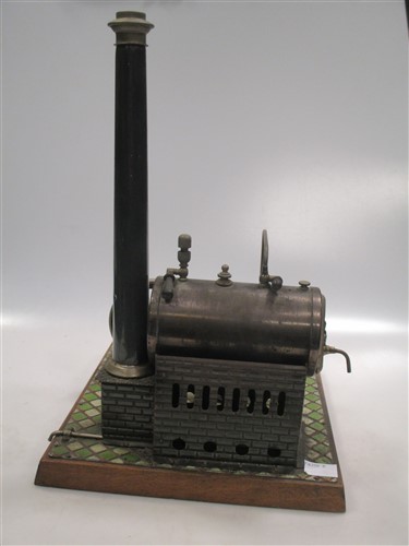 A Bing miniature tinplate Steam stationary engine on a tiled wooden base, with instructions (lacking - Image 3 of 8