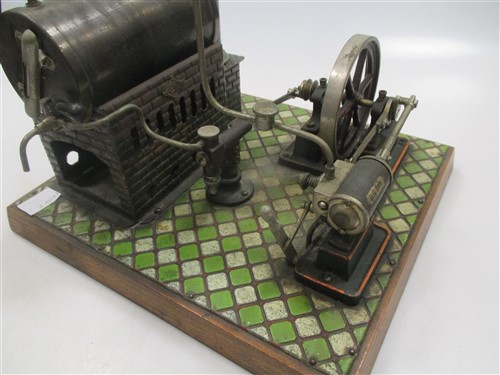 A Bing miniature tinplate Steam stationary engine on a tiled wooden base, with instructions (lacking - Image 2 of 8