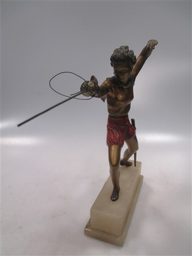 An early 20th century cold painted spelter figure of a fencer with sword and cape - Image 6 of 6