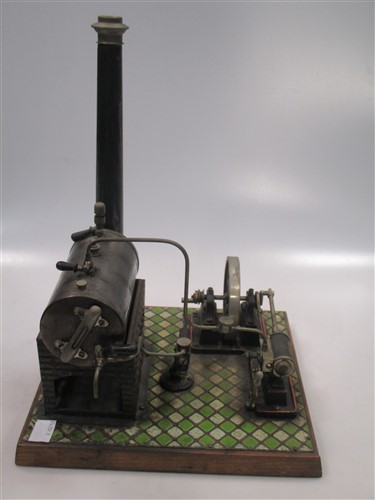 A Bing miniature tinplate Steam stationary engine on a tiled wooden base, with instructions (lacking - Image 4 of 8