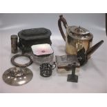 A silver teapot (finial A/F) a silver topped dressing table jar, and other small silver items