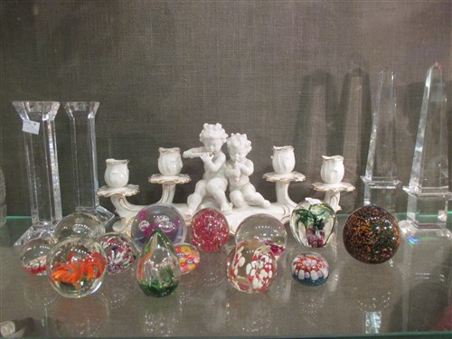 Various glass paperweights, decanters etc