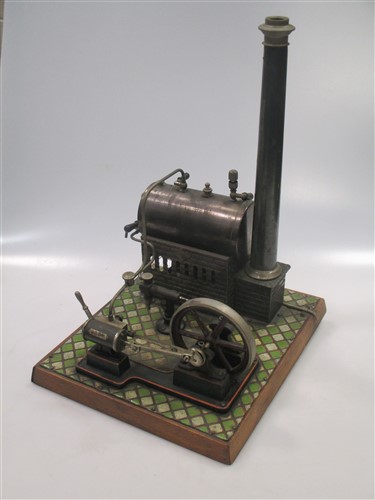 A Bing miniature tinplate Steam stationary engine on a tiled wooden base, with instructions (lacking - Image 8 of 8
