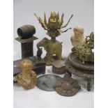 Various ornaments including Asian/Indian brass, 2 classical bust paperweights, copper box, etc