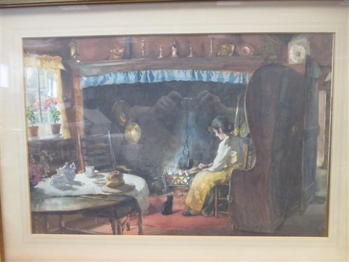 Samuel Towers, RCA (1862-1932), The artist's wife in their cottage, watercolour, 37 x 56 cm
