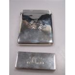 A plain silver card case with hinged cover, together with a silver novelty stamp case (2)