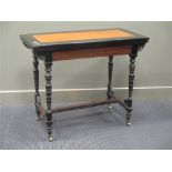 An Aesthetic period ebonised and teak fold over card table with blue felt top on turned legs and