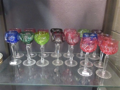 A quantity of hock glasses with coloured bowls