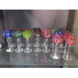 A quantity of hock glasses with coloured bowls