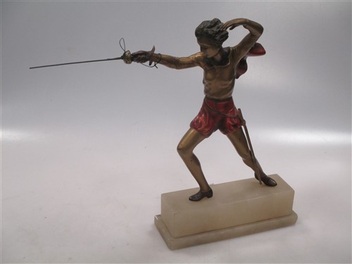 An early 20th century cold painted spelter figure of a fencer with sword and cape - Image 2 of 6