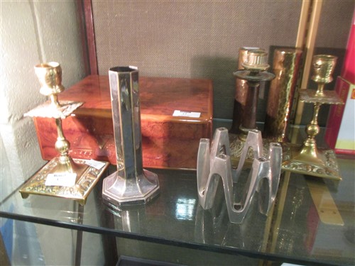 A burr walnut cigar humidor together with various brass items etc